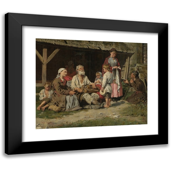 Kazimierz Pochwalski 14x12 Black Modern Framed Museum Art Print Titled - Genre Scene - a Hurdy-Gurdy Player in Front of a Cottage (1887)