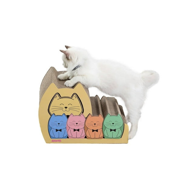 THE LICKER STORE Kazoku 15.63" Modern Cardboard 5-in-1 Family Cat Cave Scratcher with Catnip and Pull-Out Design, Multi-Colored, CSR1005A