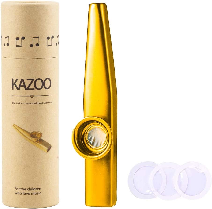 Kazoo, Gold Aluminum Alloy Kazoo and 3 Membrane Flute Diaphragms Mouth Kazoos with Vintage Gift Box,