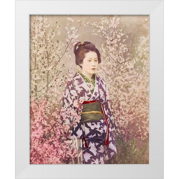 Kazumasa, Ogawa 20x24 White Modern Wood Framed Museum Art Print Titled - Geisha and Cherry Blossom
