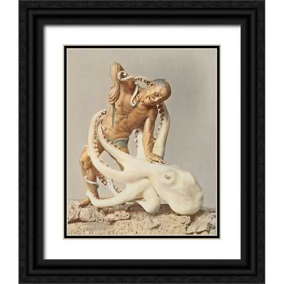 Kazumasa, Ogawa 26x32 Black Ornate Wood Framed with Double Matting Museum Art Print Titled - Wood Carving Man and Octopus