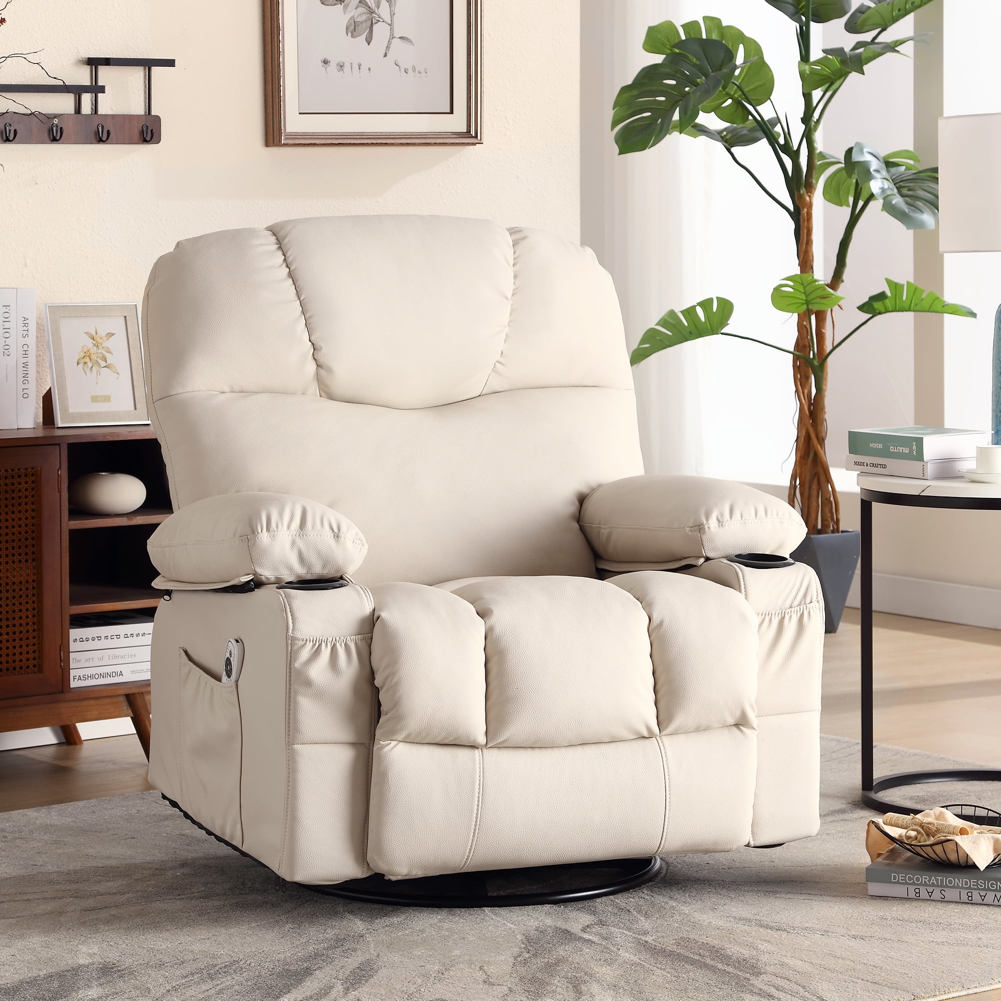 Kbest Manual Massage Swivel Recliner, Beige Leather Combo with Heat
