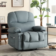 Kbest Leather match Manual Swivel Massage Recliner Chair with Heat and Vibration,Cup Holders-Blue