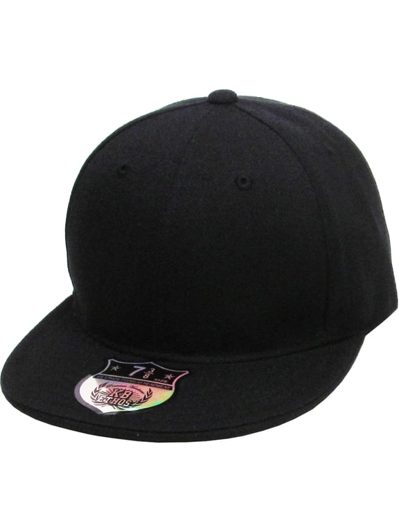 Solid Flat Brim Bill Fitted Baseball Cap, Black