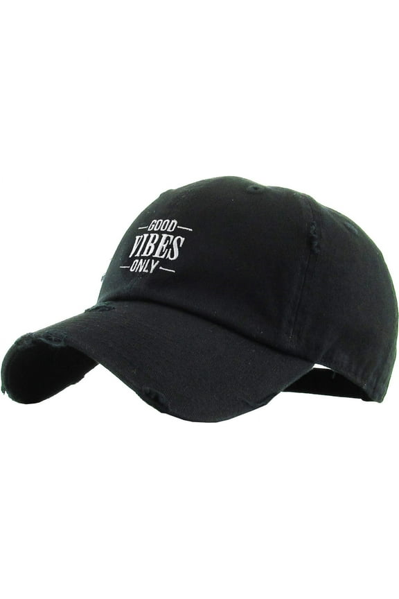 Unisex Good Vibes Only Vintage Distressed Washed Dad Hat Distressed Black