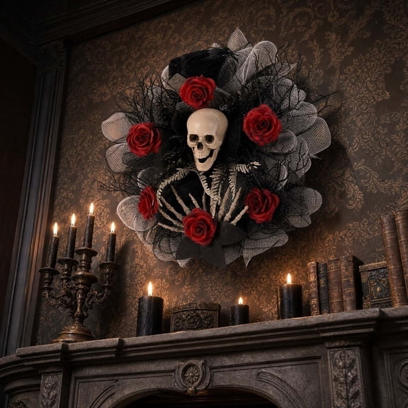 Kbndieu 16 Inch Halloween Wreath, Artificial Skull Wreath with Red Roses for Front Door Gothic Party Room Decoration