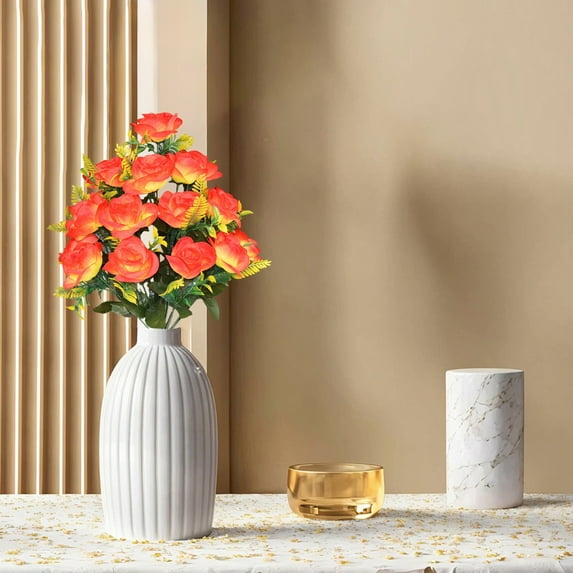 Kbndieu 18pcs Orange Fake Roses Flowers Bouquet, Artificial Roses Silk Flowers for Table Centerpieces Decor, Realistic Faux Floral Arrangements for Wedding Party Home Office Valentines Day Decor