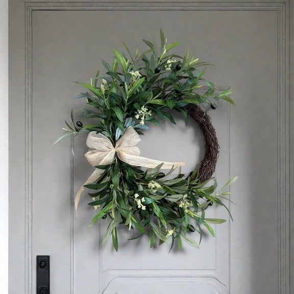Kbndieu 19.6" Artificial Olive Leaf & Fruit Spring Wreath, Realistic Green Olive Branches with Bow, Rustic Farmhouse Wall Door Wedding Arch Window Hanging for Indoor Outdoor Garden Decor