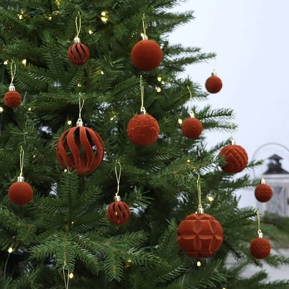 Kbndieu 24PCS Brown Velvet Christmas Balls Flocked Christmas Tree Decorations Ornaments, Shatterproof Xmas Bulbs, Xmas Hanging Ornament Ball for Holiday Party Wreath Garlands Trees