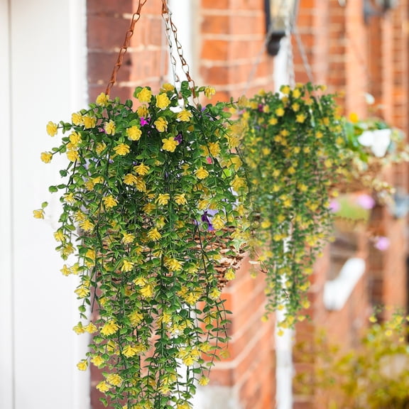 Kbndieu 2PCS Fake Flowers Artificial Hanging Plants Violet Flowers for Outdoors, Spring Summer Faux Plants Silk Flower for Garden Porch Patio Balcony Yard Wedding Decor