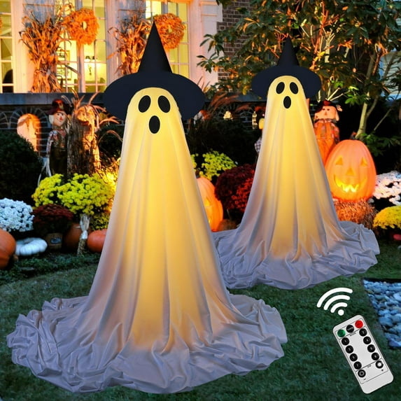 Kbndieu 2Packs Halloween Decorations Outdoor, Spooky Halloween Ghost Decor with Remote, Halloween Party Decorations Indoor, Halloween Hanging Ghost Lights Ornaments for Porches Yards Gardens Lawn