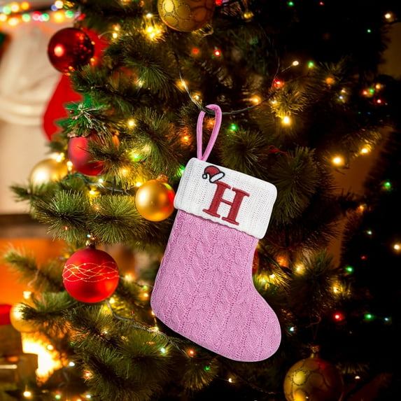 Kbndieu 2Pcs Pink Christmas Stockings with Initials, Super Soft White Plush Cuff Classic Monogrammed Knitted Christmas Stockings for Christmas Party Fireplace Family Hanging Stocking Decorations H