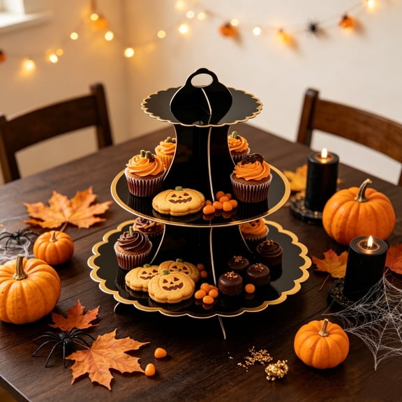 Kbndieu 3-Tier Halloween Cupcake Stand, Black Cardboard Cupcake Tower Gothic Decor, Dessert Cup Cake Stand Tower for Spooky Party Table, Birthday Wedding Halloween Party Decorations