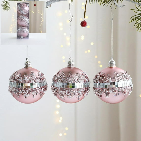 Kbndieu 3pcs Christmas Tree Ornaments Set, 3.14" Pink Christmas Balls Decorations Ornamnets Xmas Shatterproof Foam Hanging Balls for Xmas Tree Holiday Wedding Party