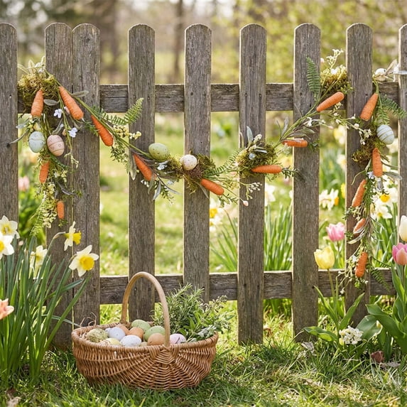 Kbndieu 4.9 FT Easter Carrot Garland Decorations for Mantle, Artificial Spring Garland Farmhouse Hanging Vine for Front Door Kitchen Fireplace Home Indoor Outdoor
