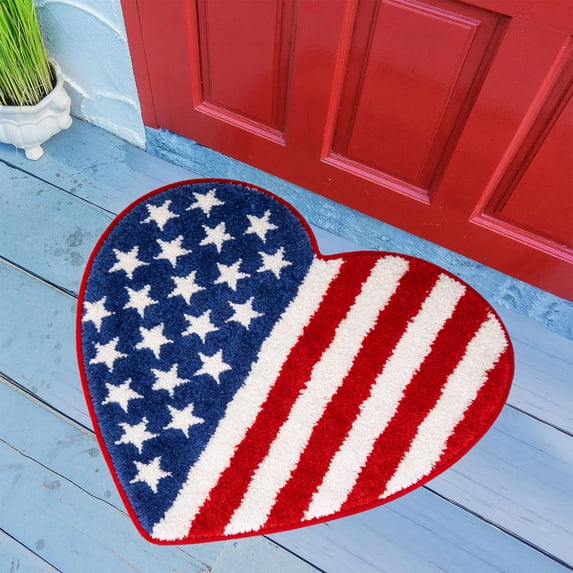Kbndieu 4th of July Door Mat Patriotic Red White Blue Heart Shaped Outdoor Entrance Mats Memorial Day Welcome Doormat for Front Door Nonslip Independence Day Decor for Porch Entryway