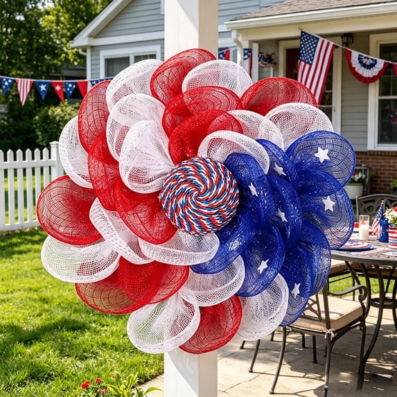 Kbndieu 4th of July Patriotic Wreath for Front Door Red White and Blue Flower Wreath for Window Wall Patio Decor Independence Day Memorial Day Flag Day Veterans Day
