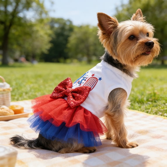 Kbndieu 4th of July Ruffle Dog Dress, Patriotic Dog Clothes for Small Dogs Girl, Pet Outfit, L