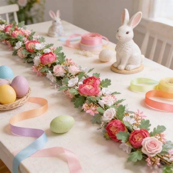 Kbndieu 6.5FT Easter Garland Artificial Floral Vine Hanging Rustic Spring Summer Flower Garland String for Mantle Arch Table Tree Farmhouse Wedding Spring Decoration