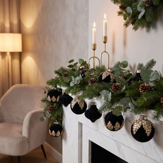 Kbndieu 9PCS Flocked Christmas Balls, Black Velvet Christmas Tree Decorations Ornaments, Shatterproof Xmas Ornament Bulbs, Glitter Hanging Ball Decor for Holiday Party Wreath Garlands Trees