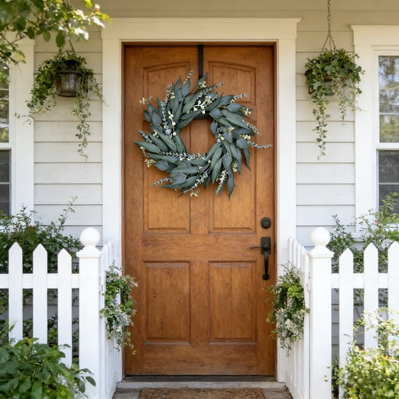 Kbndieu Artificial Eucalyptus Spring Wreath, 19.7" Greenery Swag with Bow, Rustic Farmhouse Wall Door Wedding Arch Window Hanging for Indoor Outdoor Garden Decor