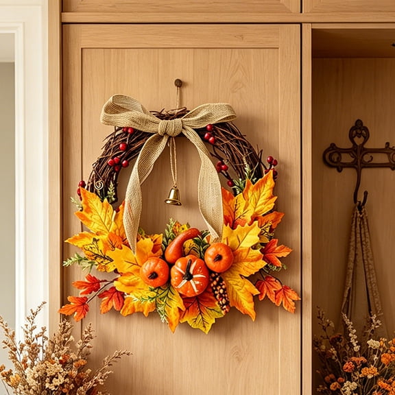 Kbndieu Artificial Fall Wreath for Front Door Autumn Pumpkin Maple Leaf Wreath for Indoor Outdoor Thanksgiving Farmhouse Home Wall Window Harvest Festival Decor