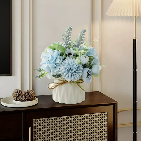 Kbndieu Artificial Flowers in Ceramic Vase, Fake Hydrangea Hand Bouquet and Vase, Faux Silk Flower Arrangements for Living Room, Dining Table, Office, Wedding, Hotel Banquet Home Decoration