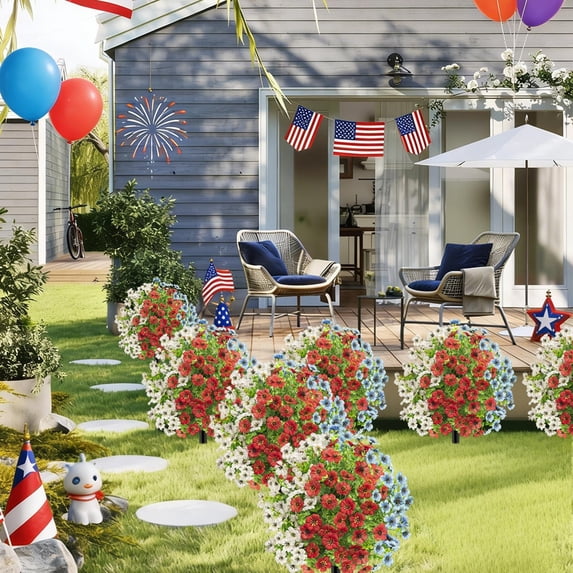Kbndieu Artificial Red White and Blue Flowers Topiary Trees with Spike, UV Resistant Fake Outdoor Shrubs, Realistic Faux Floral Bushes Plants for Garden Front Porch Yard Patio 4th of July Decorations