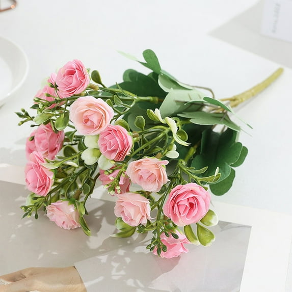 Kbndieu Artificial Roses Flowers Bouquet, Pink Fake Roses Small Silk Flowers for Table Centerpieces Decor, Realistic Faux Floral Arrangements for Wedding Party Home Office Valentines Day Decor