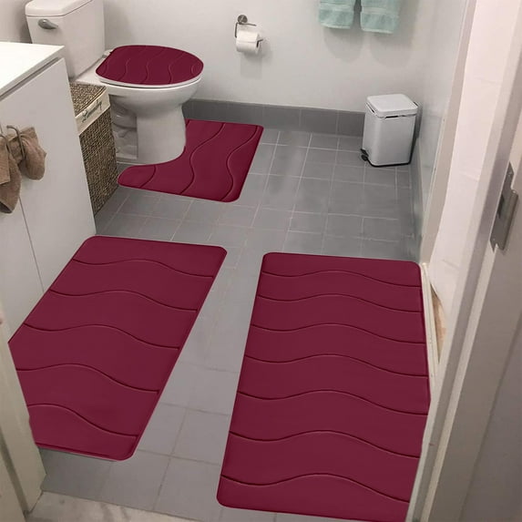 Kbndieu Bathroom Rugs Sets 4 Piece - Non-Slip Bath Mat Set - includes U-Shaped Contour Toilet Mat, Lid Cover, 14.9x16.5" and 15.7x23.6" Bath Mat - Red on Clearance