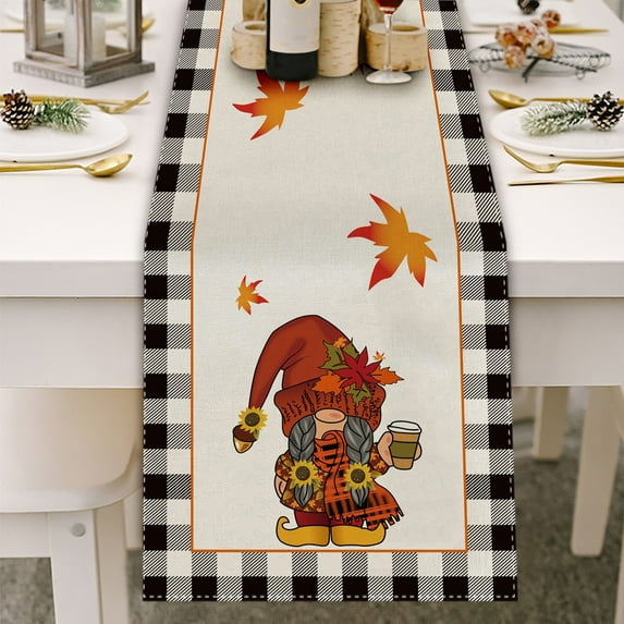 Kbndieu Black and White Plaid Gnomes Fall Table Runner, Seasonal Autumn Thanksgiving Kitchen Dining Table Decoration for Indoor Outdoor Home Party Decor, 13x72 Inch