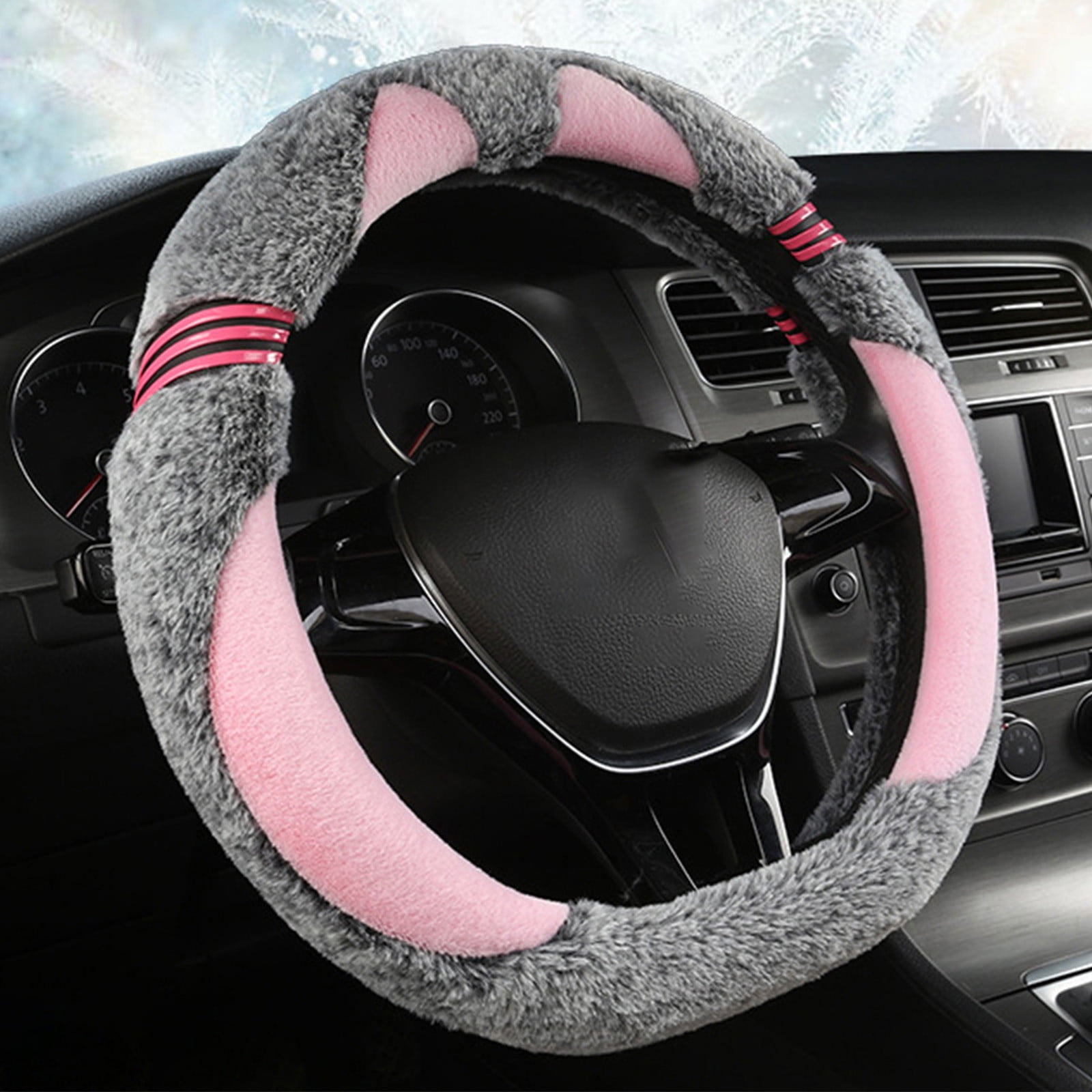 Kbndieu Car Steering Wheel Cover Women Man, Fluffy Plush for Winter Warm, Fuzzy Steering Wheel Protector, Universal 14-15 Inch, Soft & Non-Slip, Lovely Decor Winter Car Accessories (Pink)