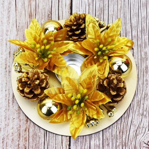 Kbndieu Christmas Candle Rings, 5.9 Inches Gold Poinsettia Artificial Candle Wreaths, Xmas Wreath Candle Holder for Holiday Winter Wedding Seasonal Decoration Christmas Decorations Clearance