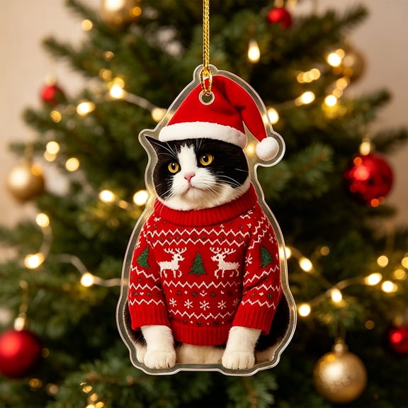 Kbndieu Christmas Cat Ornaments for Tree, Cat with Santa Claus Hat Acrylic Christmas Tree Hanging Decorations, Cute Kitty Pendant for Xmas Home Indoor Party Gift