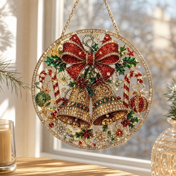 Kbndieu Christmas Diamond Pearl Painting Suncatcher Kit, Christmas Wall Decor Pearl Art Craft Kit, Round Acrylic Xmas Hanging Decor for Holiday Window Mantel Tree Home Decor