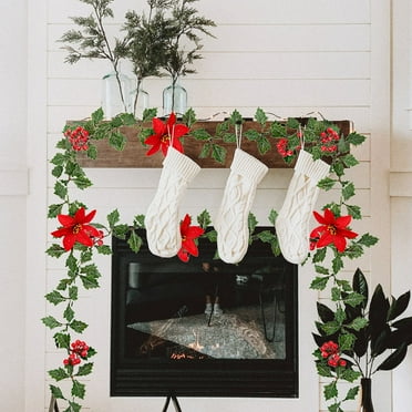 Kbndieu Christmas Garland, Realistic Norfolk Pine Garlands for Decoration, Christmas Garland with Lights Poinsettia for Outdoor Indoor Staircase Mantle Wall Christmas Decorations Clearance