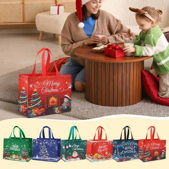 Kbndieu Christmas Gift Bags with Handles, Reusable Christmas Tote Bags, Multifunctional Non-Woven Treat Bags for Gifts Wrapping Shopping, Party Supplies, 12.6"x 9.8"x 6.7" Christmas Bags (6Pcs)