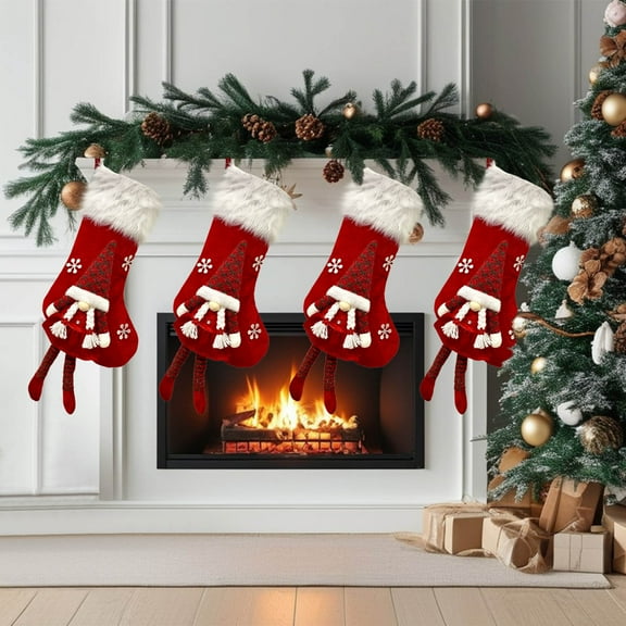 Kbndieu Christmas Stockings Three-dimensional Legs Old Man Doll Decorative Socks Christmas Gifts Bags for Family Kids Christmas Tree Decorations Red