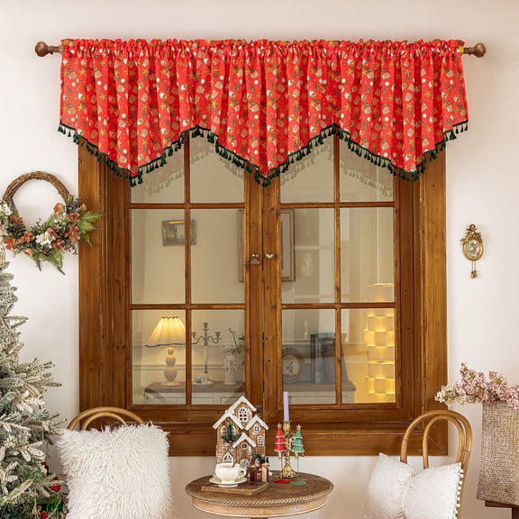 Kbndieu Christmas Triangles Valances for Windows, Winter Merry Christmas Red Window Treatments Short Christmas Curtain Valances for Kitchen Bedroom Bathroom Living Room Decor