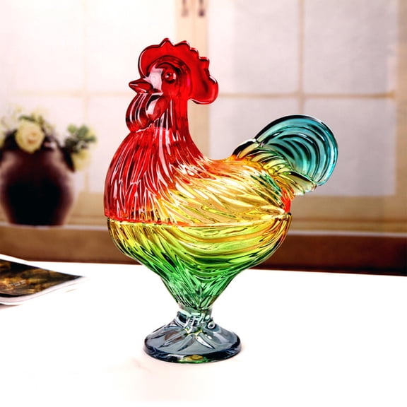 Kbndieu Colorful Glass Candy Jar, Rooster Shape Candy Dish, Vintage Style Candy Bowl with Lid