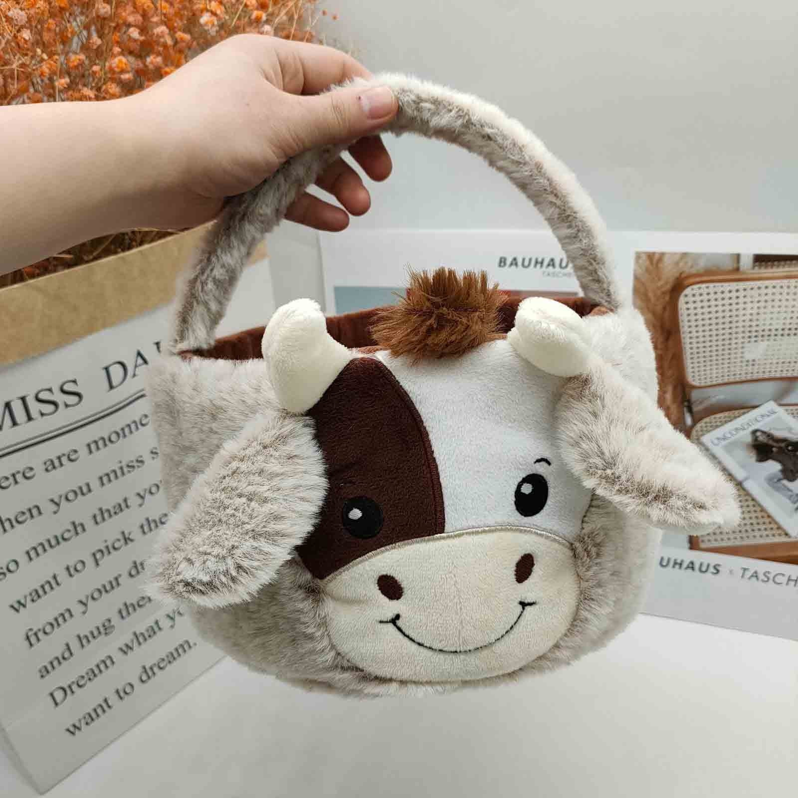 Kbndieu Cute Cow Easter Basket for Kids, Easter Egg Hunting Bucket Tote Bags with Ears, Candy Gifts Baskets for Easter Party Decorations Supplies Toy Storage