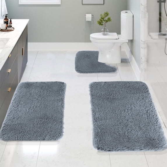 Kbndieu Dark Gray Bathroom Rugs Sets 3 Piece with U-Shaped Mats, Non-Slip & Quick Dry Bath Mat Set, Water Absorbent Soft Microfiber Shaggy Bath Rugs for Tub, Shower, Bathroom Floor
