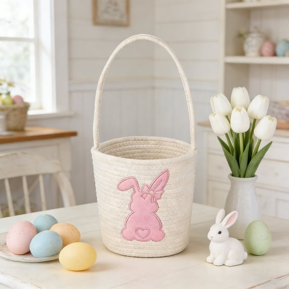 Kbndieu Easter Basket with Handle, Bunny Pattern Easter Baskets for Kids Boys Girls, Egg Hunting Easter Bucket, Easter Tote Bags for Easter Decorations Candy Gifts Toy Storage