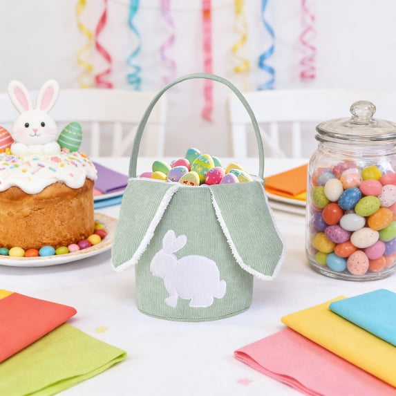 Kbndieu Easter Basket with Handle & Rabbit Ears, Easter Rabbit Print Tote Bags for Kids, Boys, Girls, Easter Egg Hunt Bucket for Easter Party Gifts Candy