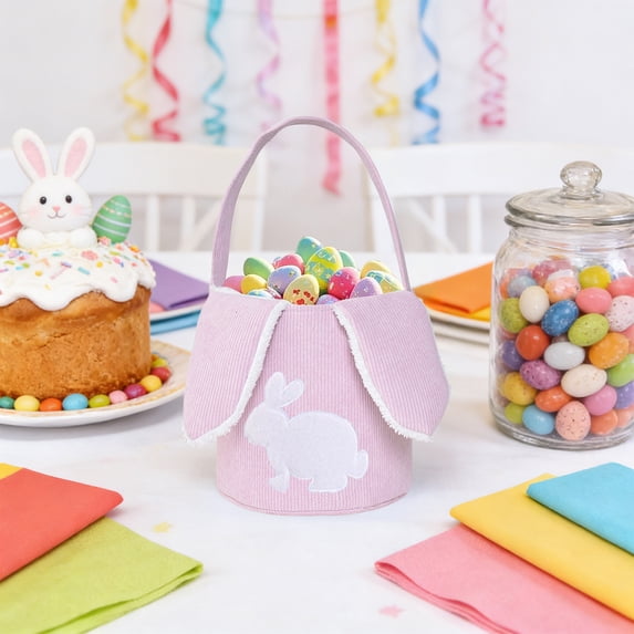 Kbndieu Easter Basket with Handle & Rabbit Ears, Easter Rabbit Print Tote Bags for Kids, Boys, Girls, Easter Egg Hunt Bucket for Easter Party Gifts Candy