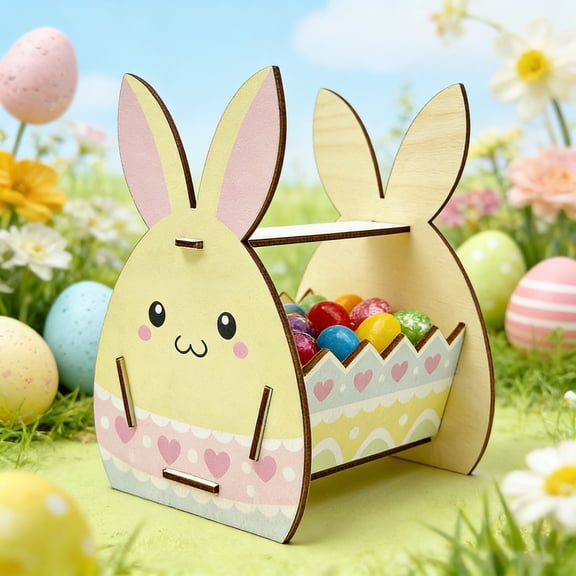 Kbndieu Easter Basket for Kids, Easter Bunny Baskets with Handle, Wooden Gift Baskets, Egg Hunting Bucket for Party Favors Decor, Easter Gifts for Boys Girls