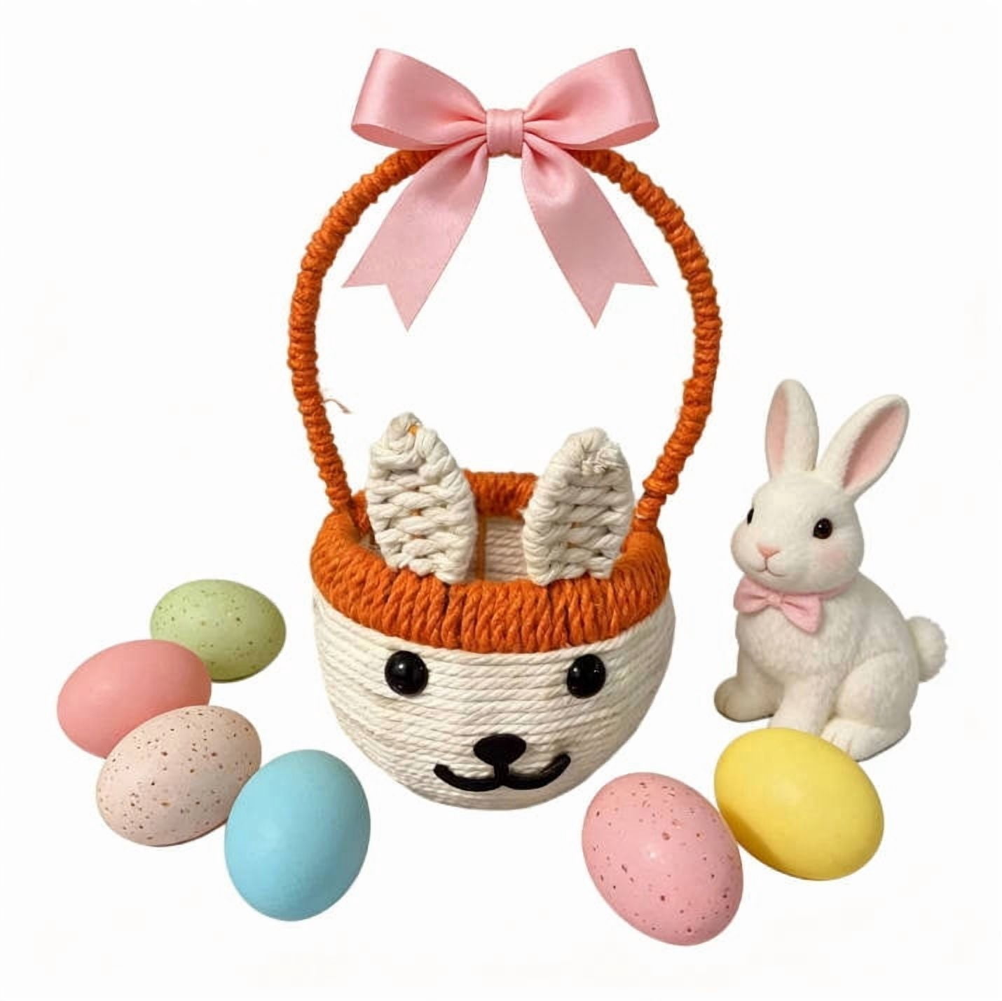Kbndieu Easter Basket for Kids with Handles, Imitation Rattan Bunny Easter Baskets with Cute Rabbit Ears, Easter Egg Hunt Bucket for Picnic Wedding Easter Decorations Gifts