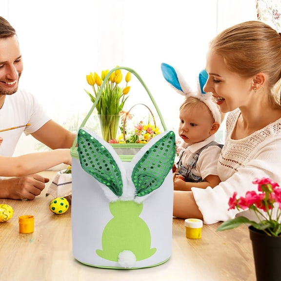 Kbndieu Easter Basket with LED Lights, Easter Bunny Baskets for Kids with Cute Rabbit Ears, Egg Hunt Tote Bags Rabbit Bucket with Handle, Easter Party Gifts for Boys and Girls