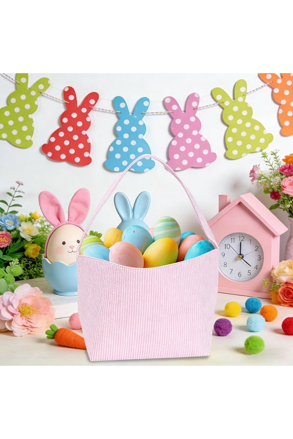 Easter Baskets for Kids Boys Girls Easter Gifts Basket with Handle Egg Hunting Easter Canvas Tote Bags for Easter Decorations Candy (Pink)