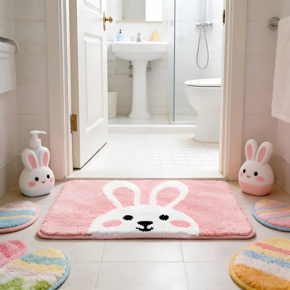 Kbndieu Easter Bunny Bathroom Rugs, Non-Slip Machine Washable Bath Mat, Soft Absorbent Rabbit Door Mat for Easter Spring Bathroom Kitchen Home Decor